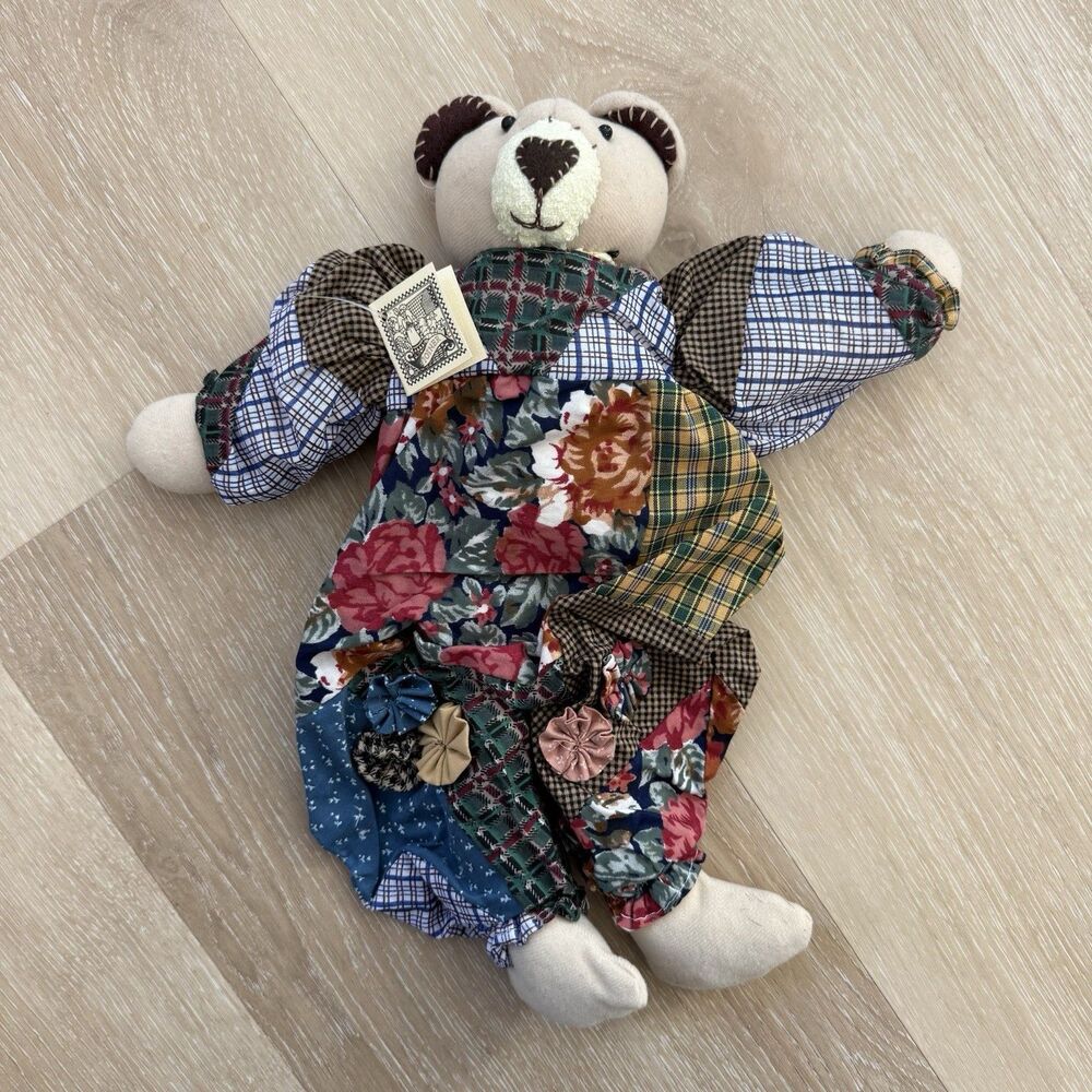 VTG NEW Patchwork Farmhouse Doll Teddy Bear Joiner Cottage Quilted Look Plush